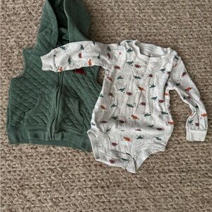 Carter's Gray Dinosaur Bodysuit with Green Quilted Vest